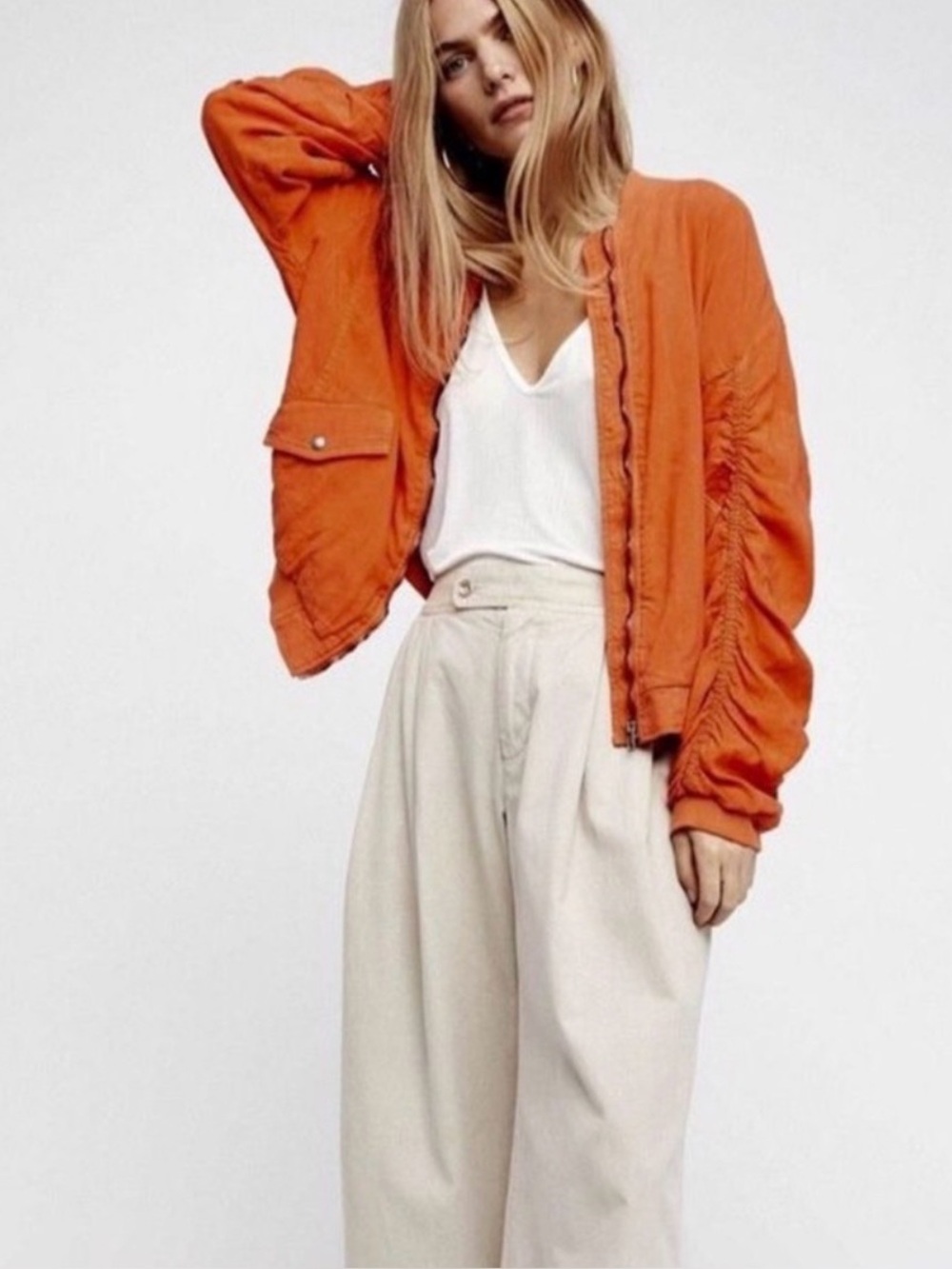 Free People Linen Blend Ruched Bomber Jacket